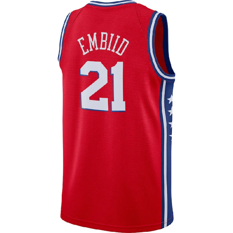 Basketball Jerseys with Ribbed Collar for Secure Fit-PH.76ers #21 Joel Embiid Swingman Player Jersey  Statement Edition  Red Stitched American Basketball Jersey