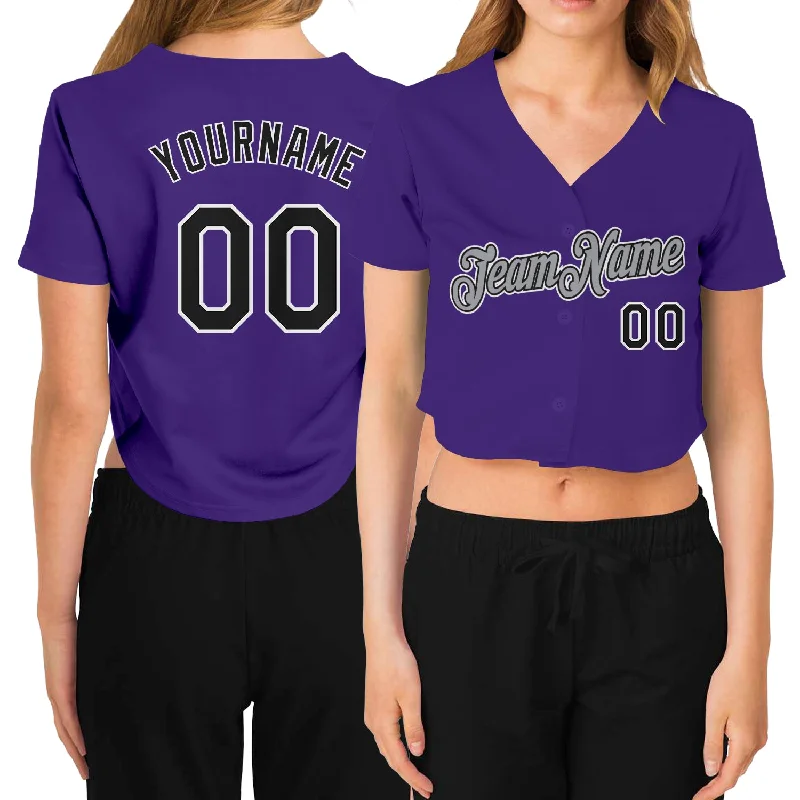 Baseball Jerseys with Raglan Sleeves for Mobility-Custom Women's Purple Black White-Gray V-Neck Cropped Baseball Jersey