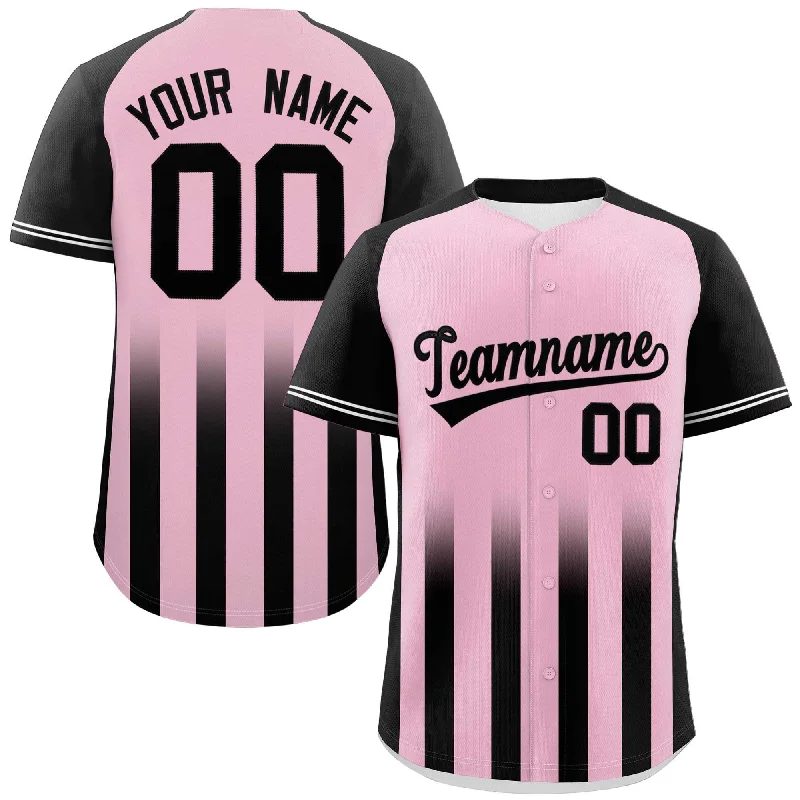 Baseball Jerseys with Classic Pinstripe Design for Vintage Look-Custom Light Pink Black Raglan Sleeves Gradient Thick Stripe Authentic Baseball Jersey