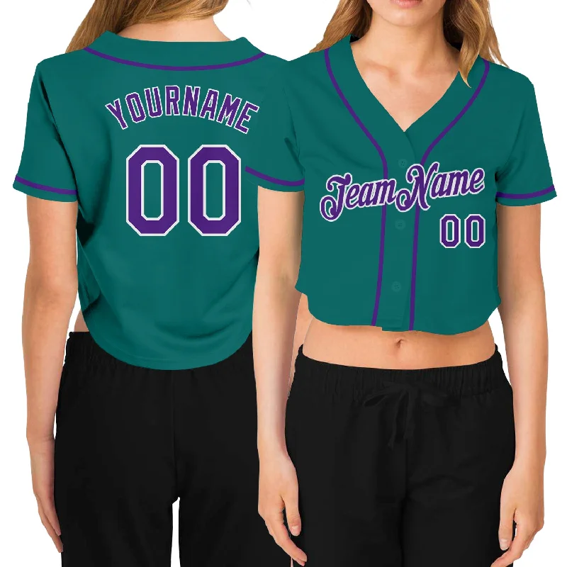 Baseball Jerseys with Anti-Wrinkle Fabric for Easy Maintenance-Custom Women's Aqua Purple-White V-Neck Cropped Baseball Jersey