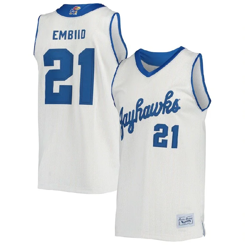 Basketball Jerseys with Mesh Back for Extra Cooling-K.Jayhawks #21 Joel Embiid Original Retro Brand Alumni Commemorative Classic Basketball Jersey Cream Stitched American College Jerseys