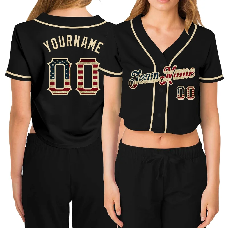 Baseball Jerseys with Reflective Details for Visibility-Custom Women's Black Vintage USA Flag-Cream V-Neck Cropped Baseball Jersey