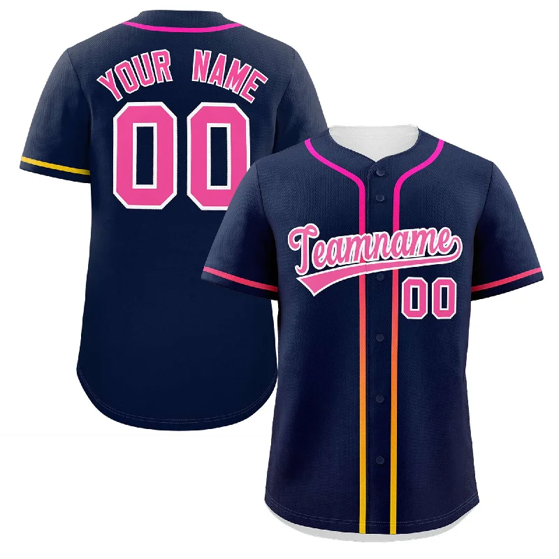 Baseball Jerseys with Embroidered Logos for Premium Look-Custom Navy Pink Personalized Gradient Ribbed Design Authentic Baseball Jersey