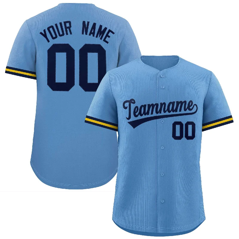 Baseball Jerseys with Adjustable Neck Design for Perfect Fit-Custom Light Blue Navy Full Button Design Authentic Baseball Jersey