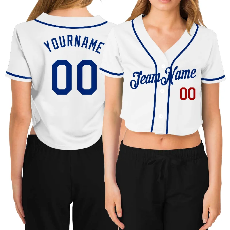 Baseball Jerseys with Contrast Collar for Stylish Touch-Custom Women's White Royal-Red V-Neck Cropped Baseball Jersey