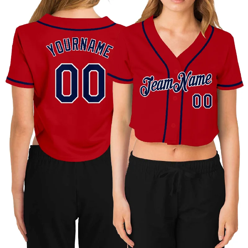 Baseball Jerseys with Anti-Wrinkle Fabric for Easy Maintenance-Custom Women's Red Navy-White V-Neck Cropped Baseball Jersey