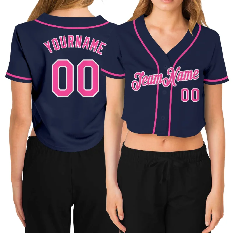 Baseball Jerseys with Breathable Mesh Panels for Ventilation-Custom Women's Navy Pink-White V-Neck Cropped Baseball Jersey