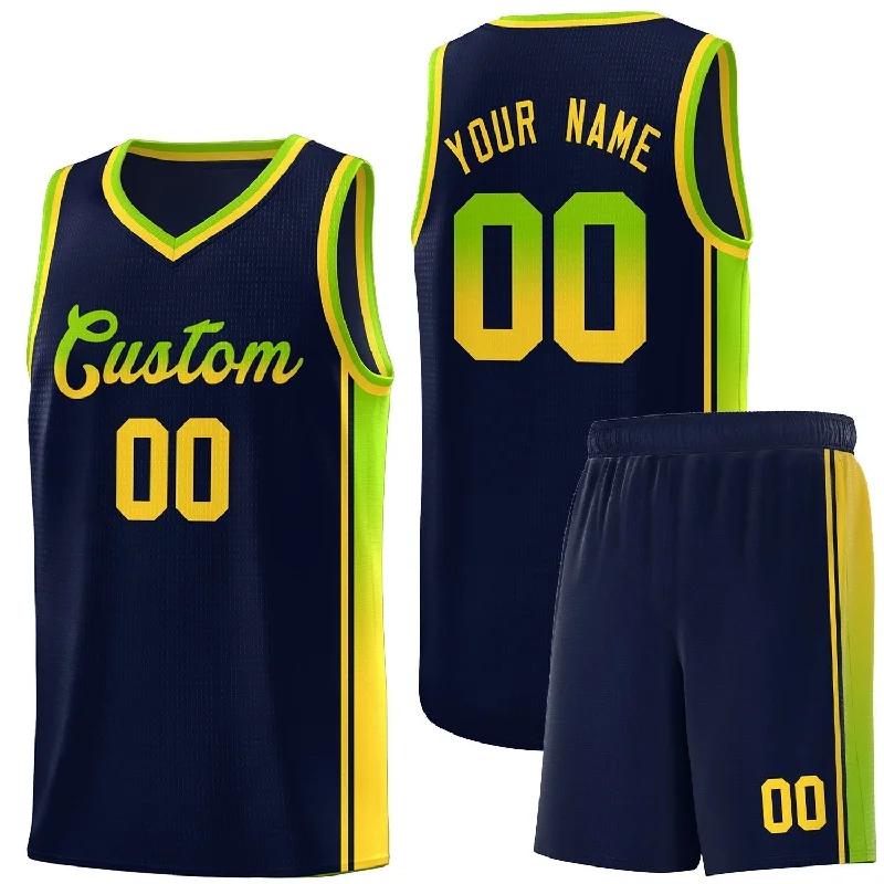 Basketball Jerseys with Classic Pinstripe Design for Vintage Look-Custom Navy Neon Green-Gold Gradient Fashion Sports Uniform Basketball Jersey