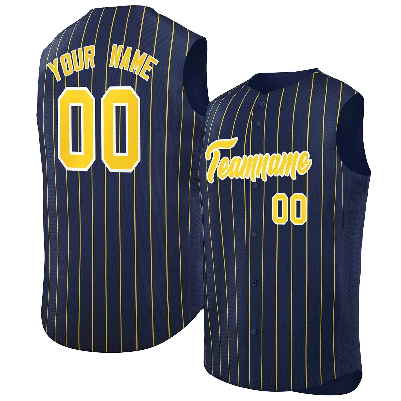 Baseball Jerseys with Custom Logo Printing for Unique Identity-Custom Navy Gold-White Sleeveless Stripe Fashion Baseball Jersey