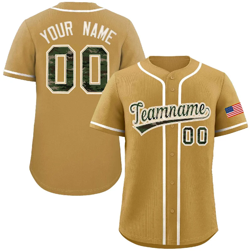 Baseball Jerseys with Embroidered Logos for Premium Look-Custom Old Gold Personalized Camo Font Authentic Baseball Jersey