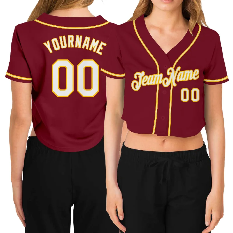 Baseball Jerseys with Durable Fabric for High-Performance Play-Custom Women's Crimson White-Gold V-Neck Cropped Baseball Jersey