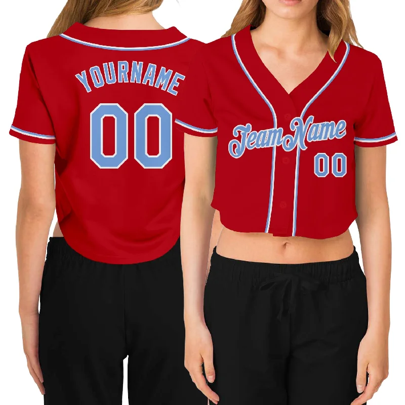 Baseball Jerseys with Soft Polyester Blend for Lightweight Feel-Custom Women's Red Light Blue-White V-Neck Cropped Baseball Jersey