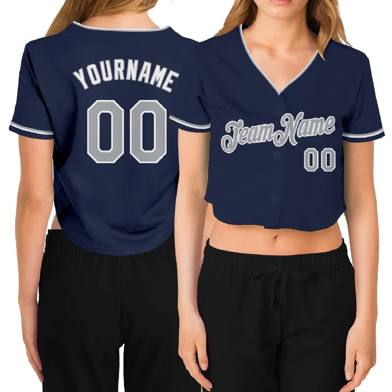 Baseball Jerseys with Classic Stripes for Vintage Feel-Custom Women's Navy Gray-White V-Neck Cropped Baseball Jersey