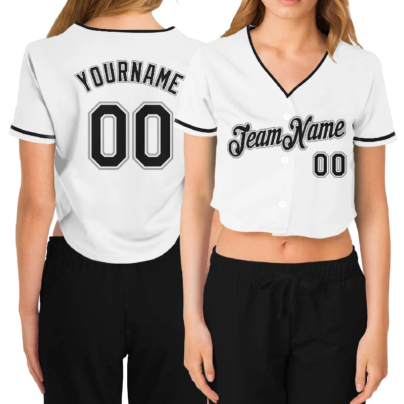 Baseball Jerseys with V-Neck Design for Classic Fit-Custom Women's White Black-Gray V-Neck Cropped Baseball Jersey