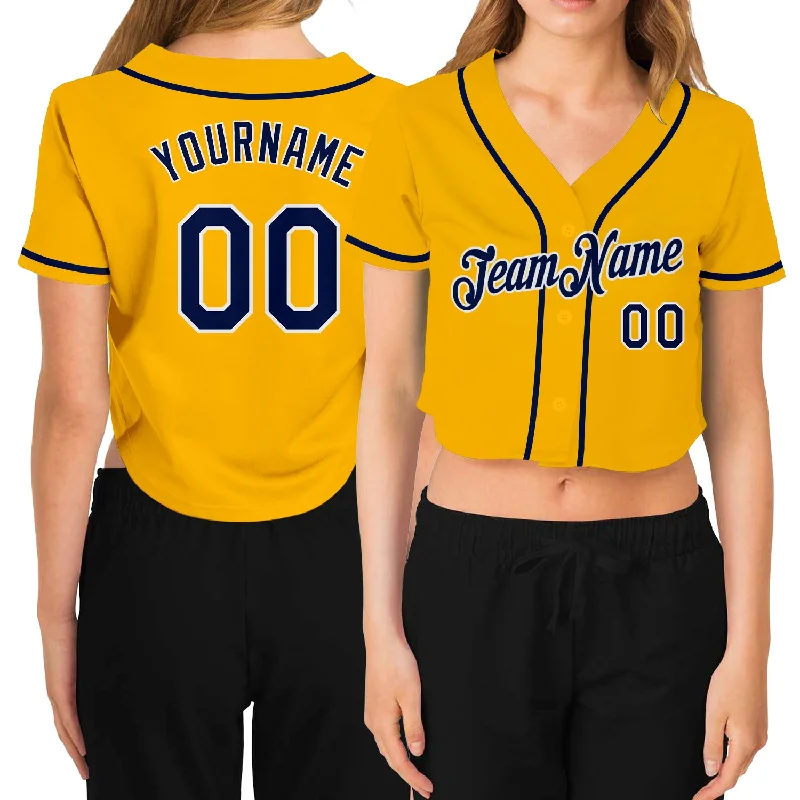 Baseball Jerseys with Soft Lining for Comfort During Play-Custom Women's Gold Navy-White V-Neck Cropped Baseball Jersey