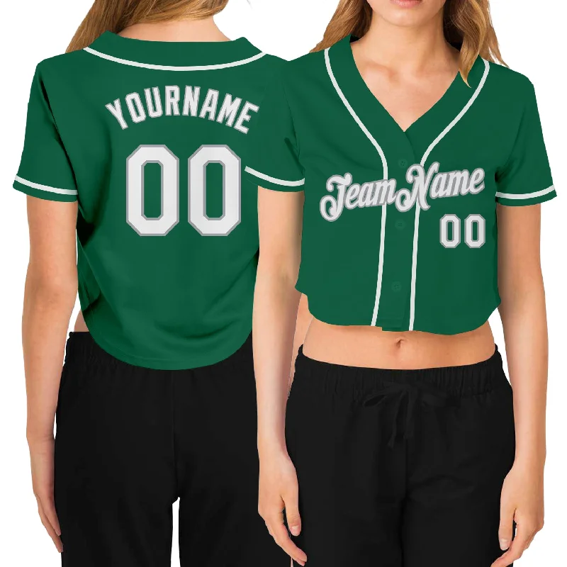 Baseball Jerseys with Custom Team Logos-Custom Women's Kelly Green White-Gray V-Neck Cropped Baseball Jersey