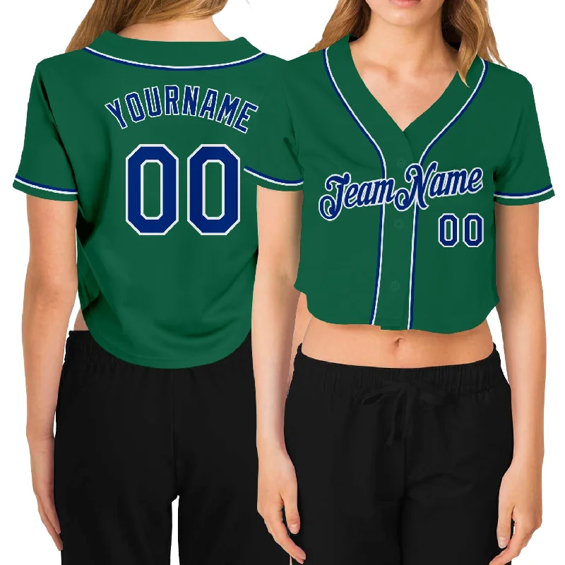 Baseball Jerseys with Tapered Sleeves for Stylish Fit-Custom Women's Kelly Green Royal-White V-Neck Cropped Baseball Jersey