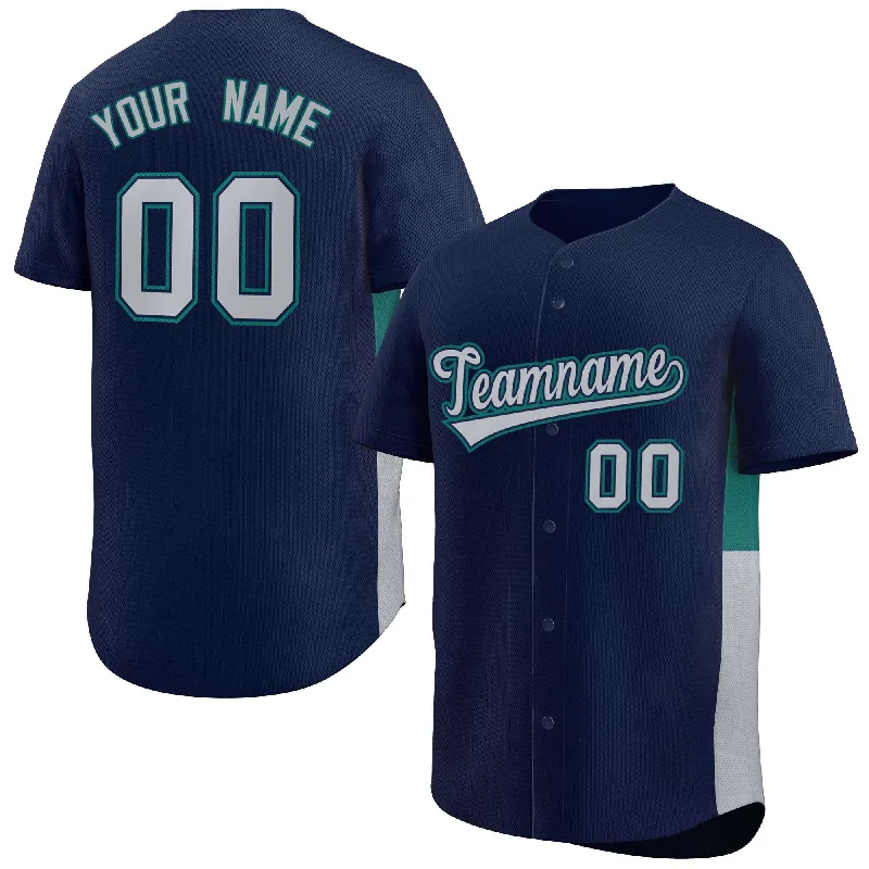 Baseball Jerseys with Vented Mesh Panels for Maximum Airflow-Custom Navy Gray-Aqua Personalized Side Two-Tone Design Authentic Baseball Jersey