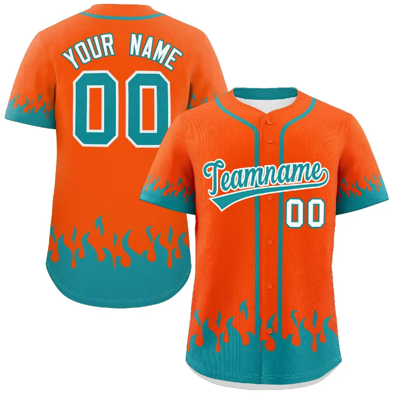 Baseball Jerseys with Heat-Pressed Numbers and Logos for Durability-Custom Orange Aqua Personalized Flame Graffiti Pattern Authentic Baseball Jersey