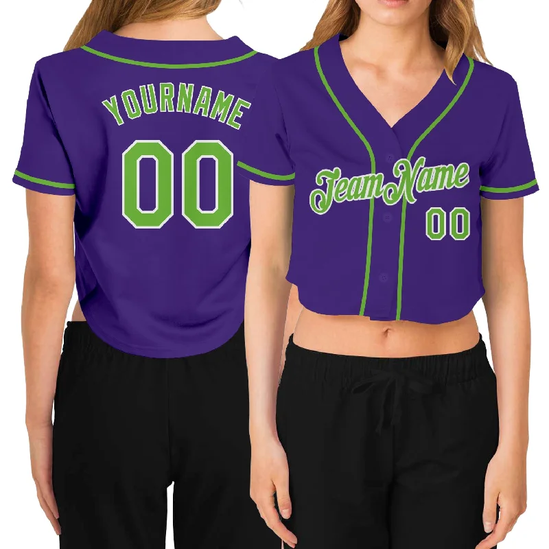 Baseball Jerseys with T-Shirt Style for Casual Look-Custom Women's Purple Neon Green-White V-Neck Cropped Baseball Jersey