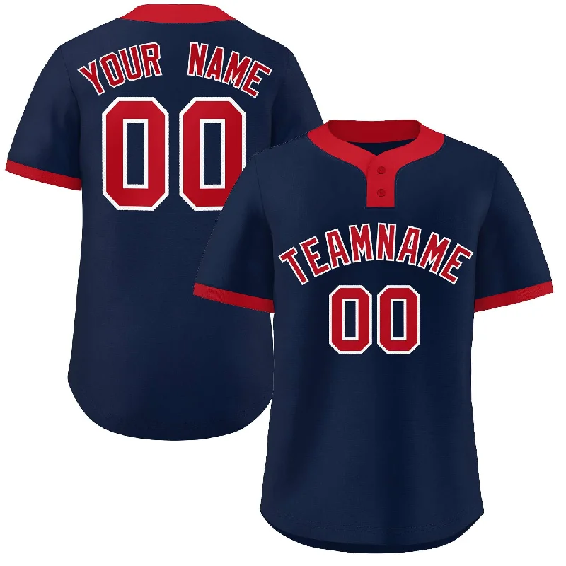 Baseball Jerseys with Elastic Waistband for Secure Fit-Custom Navy Red Classic Style Authentic Two-Button Baseball Jersey