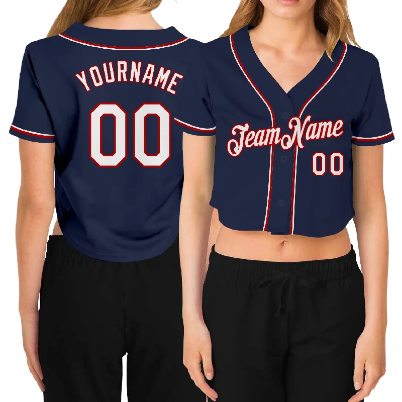 Baseball Jerseys with Sweat-Wicking Technology for Dry Comfort-Custom Women's Navy White-Red V-Neck Cropped Baseball Jersey