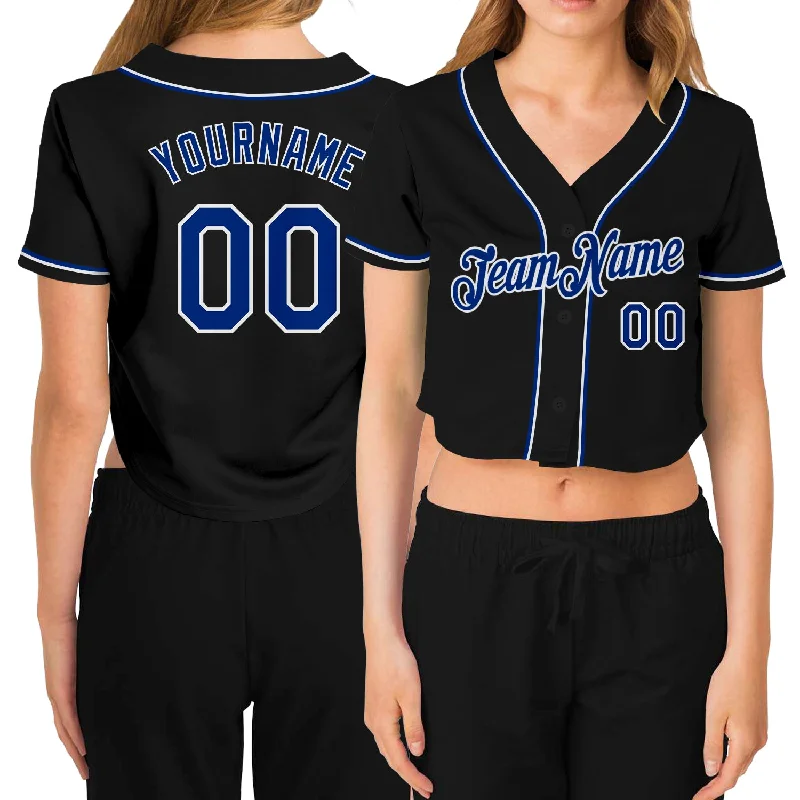 Baseball Jerseys with Zip-Up Design for Easy Wear-Custom Women's Black Royal-White V-Neck Cropped Baseball Jersey