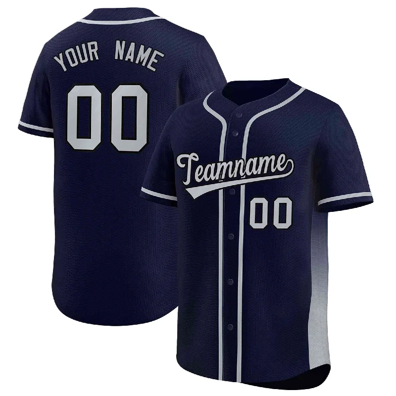 Baseball Jerseys with Mesh Back for Extra Cooling-Custom Navy Gray Personalized Gradient Side Design Authentic Baseball Jersey