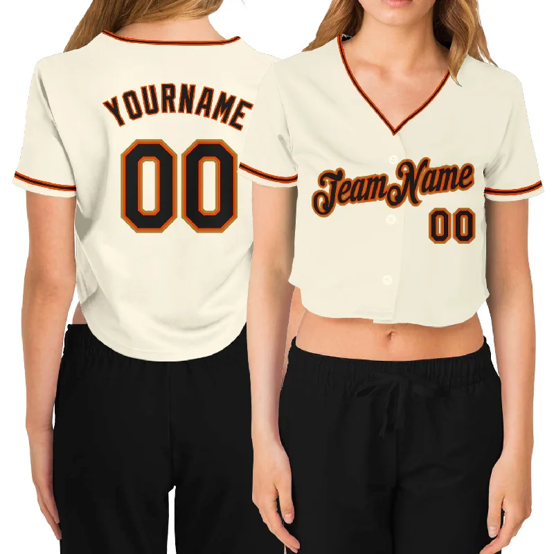 Baseball Jerseys with Quick-Release Zippers for Easy Removal-Custom Women's Cream Black Orange-Old Gold V-Neck Cropped Baseball Jersey