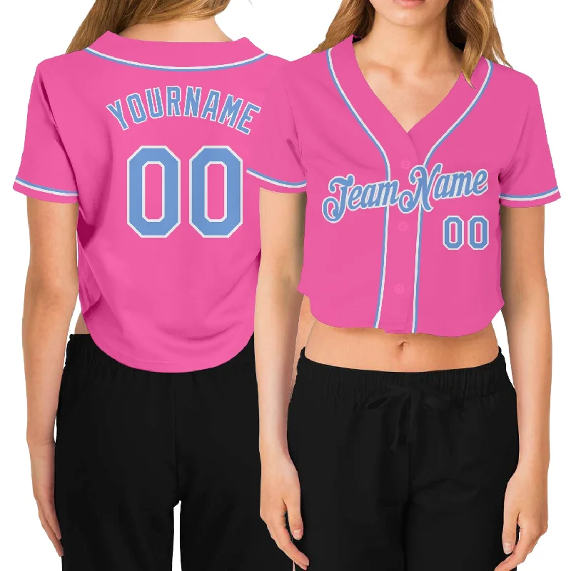 Baseball Jerseys with Tapered Cut for Modern Appeal-Custom Women's Pink Light Blue-White V-Neck Cropped Baseball Jersey