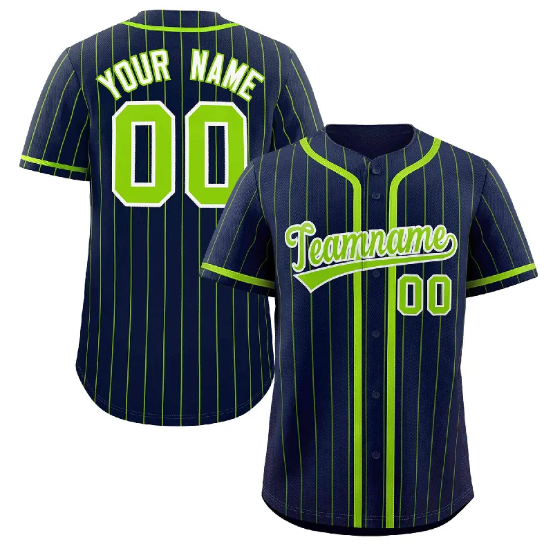 Baseball Jerseys with Padded Shoulders for Extra Protection-Custom Navy Neon Green Stripe Fashion Design Full Button Authentic Baseball Jersey