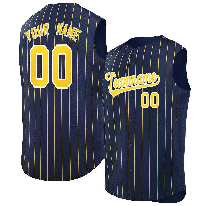 Baseball Jerseys with Quick-Release Zippers for Easy Removal-Custom Navy Gold-White Sleeveless Stripe Fashion Baseball Jersey