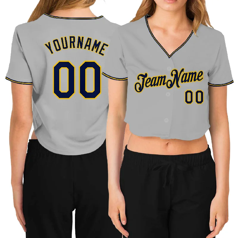 Baseball Jerseys with Zip-Up Design for Easy Wear-Custom Women's Gray Navy-Gold V-Neck Cropped Baseball Jersey