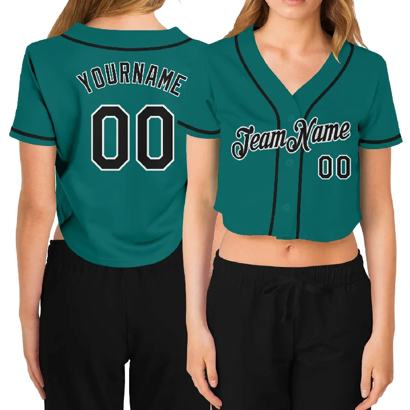 Baseball Jerseys with Sublimated Design for Unique Patterns-Custom Women's Aqua Black-White V-Neck Cropped Baseball Jersey