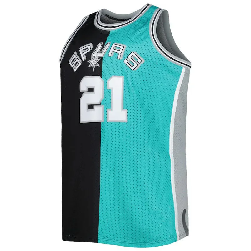 Basketball Jerseys with Custom Logo Printing for Unique Identity-S.Antonio Spurs #21 Tim Duncan Mitchell & Ness Big & Tall Hardwood Classics 1998-99 Split Swingman Jersey BlackTeal Stitched American Basketball Jersey