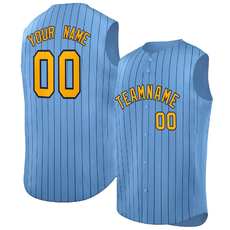 Baseball Jerseys with Soft and Stretchable Fabric for All-Day Comfort-Custom Light Blue Yellow-Navy Sleeveless Stripe Fashion Baseball Jersey