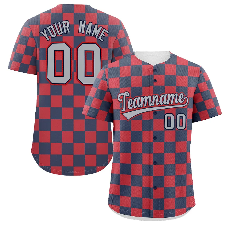 Baseball Jerseys with Customizable Back Designs for Personal Style-Custom Navy Red Square Grid Color Block Design Authentic Baseball Jersey