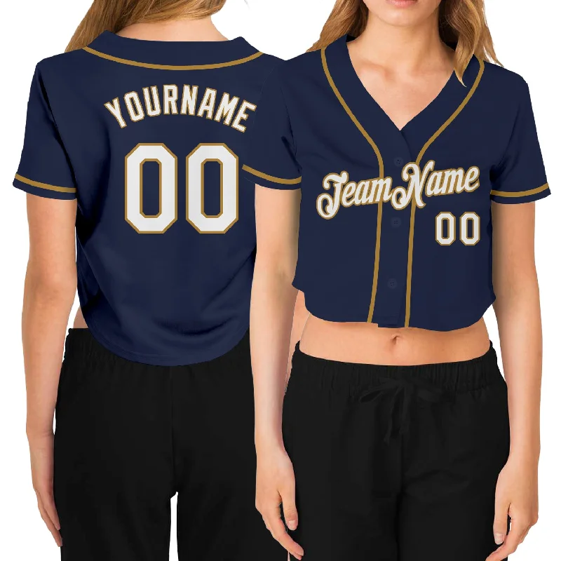 Personalized Baseball Jerseys for Players and Fans-Custom Women's Navy White-Old Gold V-Neck Cropped Baseball Jersey