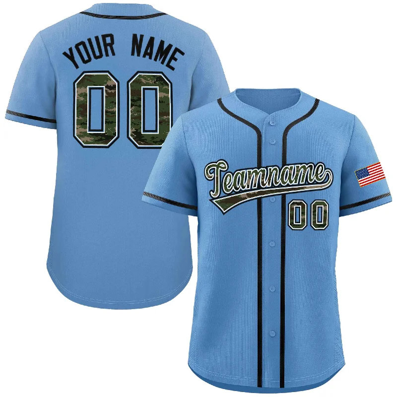 Baseball Jerseys with V-Neck Design for Classic Fit-Custom Light Blue Personalized Camo Font Authentic Baseball Jersey