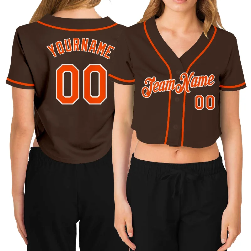 Baseball Jerseys with Durable Fabric for High-Performance Play-Custom Women's Brown Orange-White V-Neck Cropped Baseball Jersey