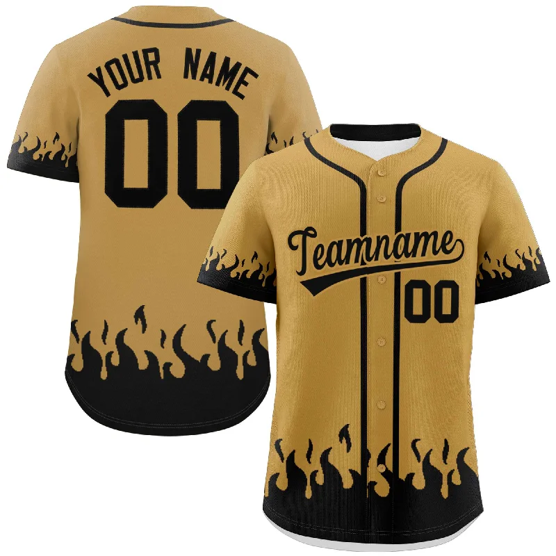 Baseball Jerseys with Classic Pinstripe Design for Vintage Look-Custom Old Gold Black Personalized Flame Graffiti Pattern Authentic Baseball Jersey