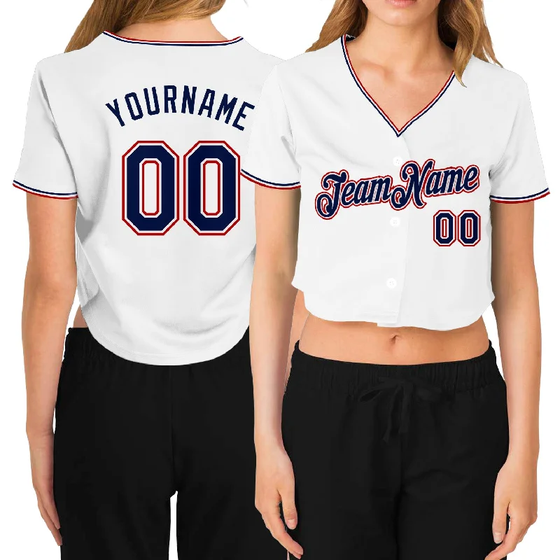 Baseball Jerseys with Moisture-Wicking Technology-Custom Women's White Navy-Red V-Neck Cropped Baseball Jersey