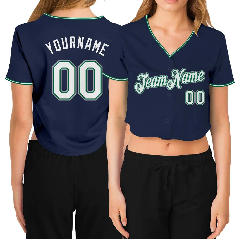 Baseball Jerseys with Colorful Patterns for Bold Look-Custom Women's Navy White Kelly Green-Gray V-Neck Cropped Baseball Jersey