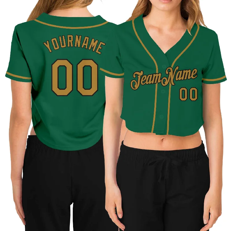 Baseball Jerseys with Tri-Blend Fabric for Soft Feel and Durability-Custom Women's Kelly Green Old Gold-Black V-Neck Cropped Baseball Jersey