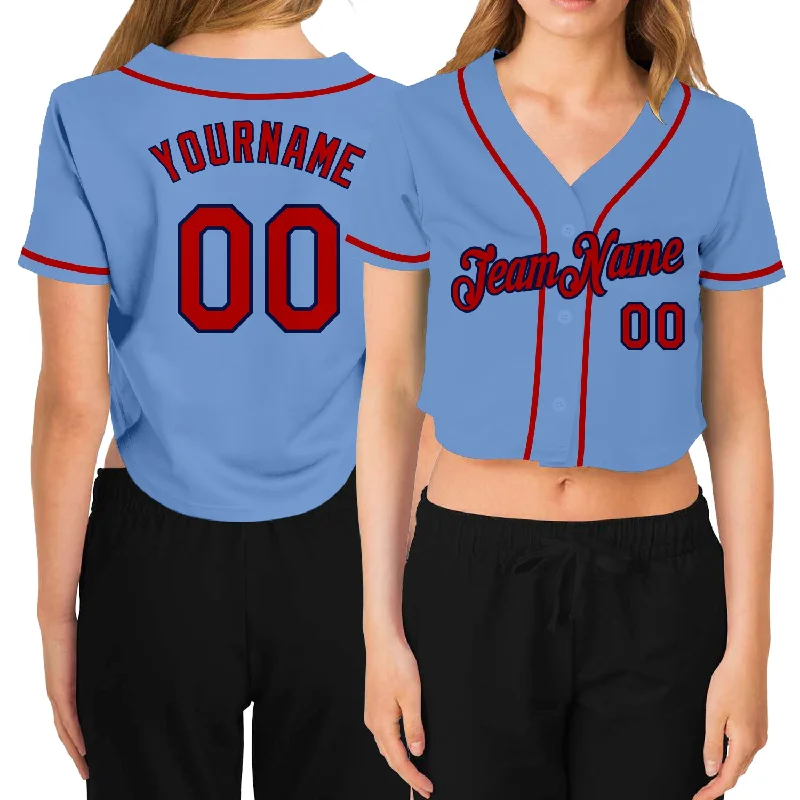 Baseball Jerseys with Tri-Blend Fabric for Soft Feel and Durability-Custom Women's Light Blue Red-Navy V-Neck Cropped Baseball Jersey