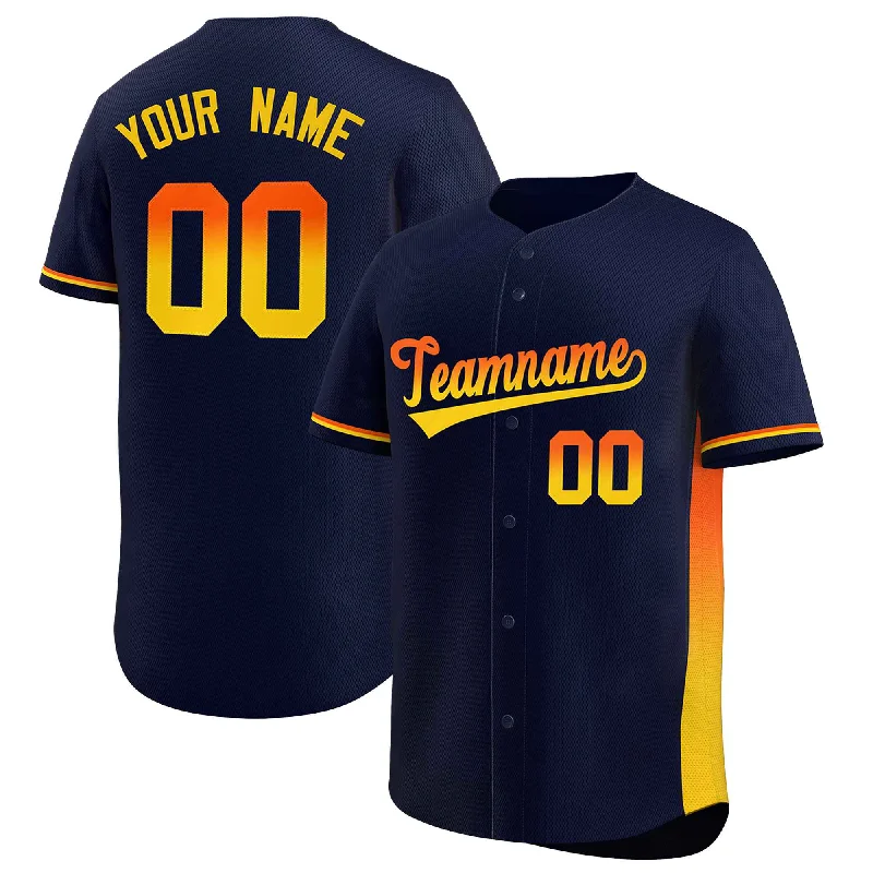 Baseball Jerseys with Soft Collar for Comfort-Custom Navy Orange-Gold Personalized Gradient Font And Side Design Authentic Baseball Jersey