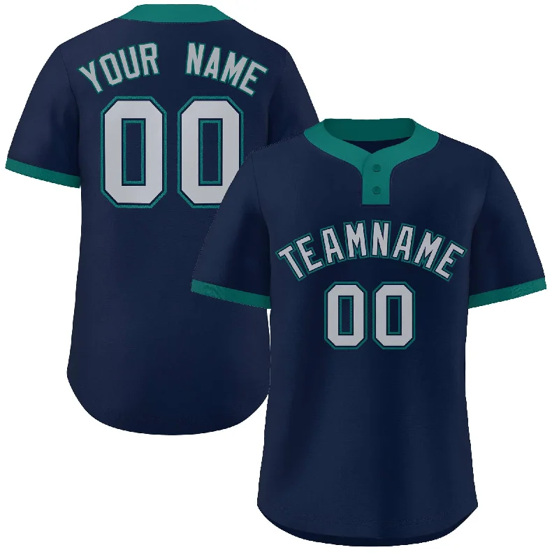 Baseball Jerseys with Stretch Fabric for Flexibility-Custom Navy Gray-Aqua Classic Style Authentic Two-Button Baseball Jersey