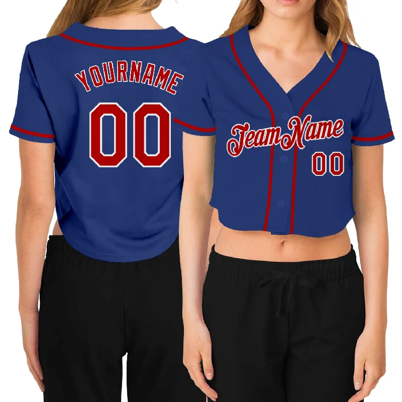 Professional Baseball Jerseys for Competitive Players-Custom Women's Royal Red-White V-Neck Cropped Baseball Jersey