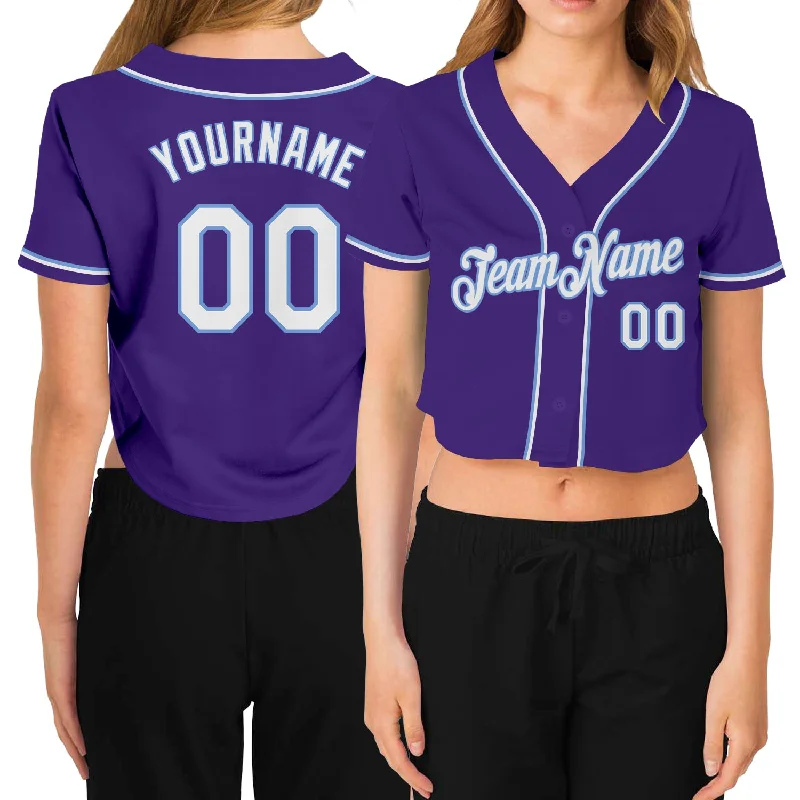 Baseball Jerseys with Quick-Dry Technology for Hot Weather Play-Custom Women's Purple White-Light Blue V-Neck Cropped Baseball Jersey