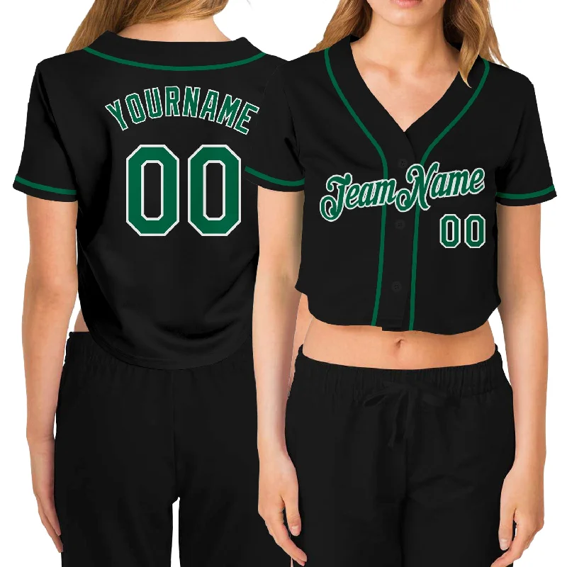 Baseball Jerseys with Unique Graphic Prints for Personal Style-Custom Women's Black Kelly Green-White V-Neck Cropped Baseball Jersey